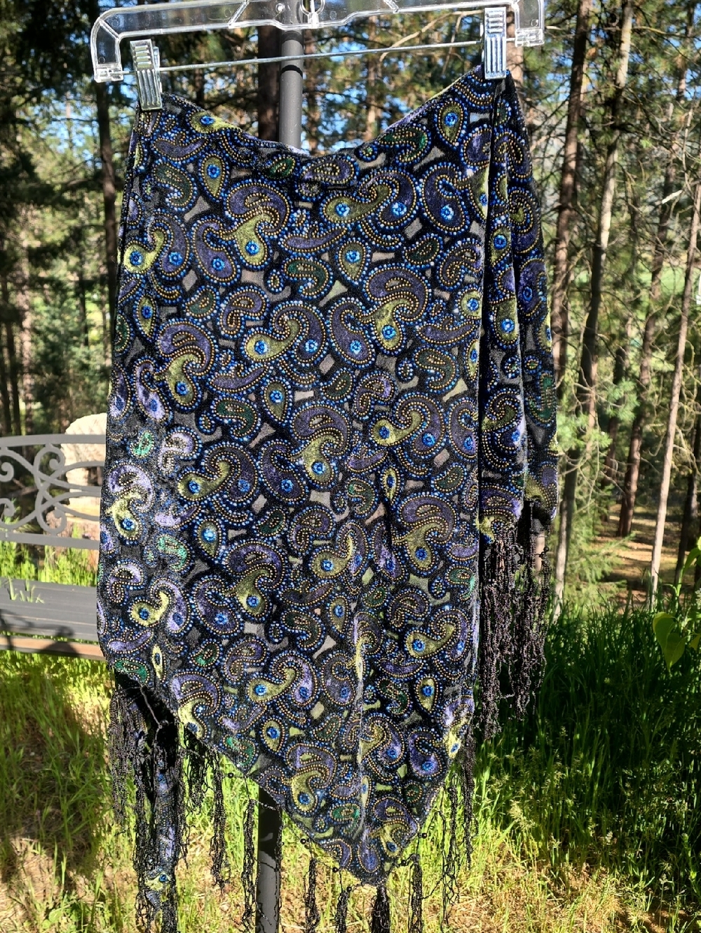 Beaded Paisley Fringe Shawl - Blue & Green